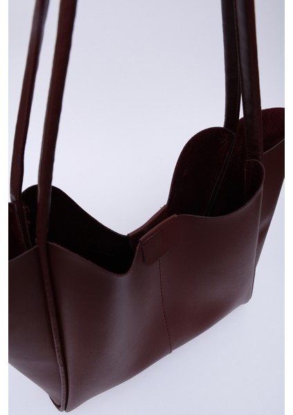 Bordo Shk76 Çıtçıtlı Fitil Askılı Deri Makyaj Çantalı Büyük Boy Kadın El Ve Omuz Çantası U:29 E:30 G:9 Cm