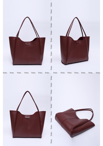 Bordo Shk76 Çıtçıtlı Fitil Askılı Deri Makyaj Çantalı Büyük Boy Kadın El Ve Omuz Çantası U:29 E:30 G:9 Cm