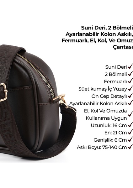 Kahve Rengi SHK194 Suni Deri Fermuarlı 2 Bölmeli Ayarlanabilir Kolon Askılı Omuz Çantası