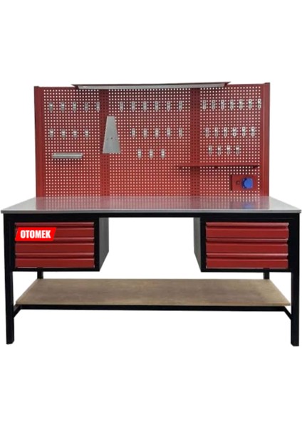 200 cm Çalışma Tezgahı | Askı Panolu Takım Tezgahı + 6 Çekmece + Elektrik Prizi | 183 cm Yükseklik | Mdf+Galvaniz Tabla | Profesyonel Atölye Tipi