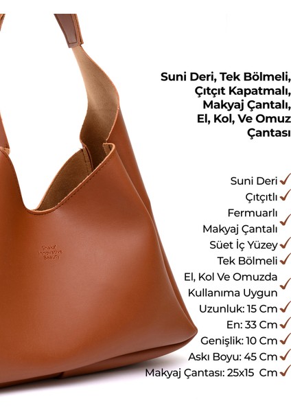 Taba SHK19 Suni Deri, Çıtçıtlı, Tek Bölmeli, Fermuarlı Makyaj Çantalı, El, Kol ve Omuz Çantası