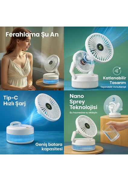 Taşınabilir Şarjlı Misting Fan | 3 Kademeli Hız | Ultra Ince Su Buharı | Sessiz & Işıklı Mini Masaüstü Vantilatör indirimleri