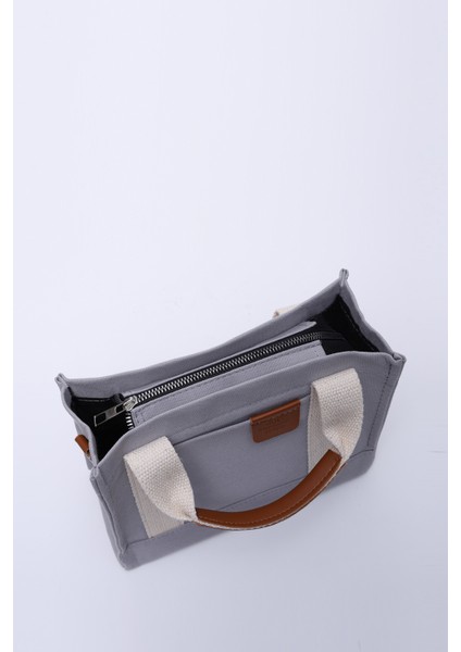 Gri SHK138 2 Bölmeli Kanvas Kumaş Ayarlanabilir Askılı Fermuarlı El, Kol ve Omuz Çantası U:17 G:24 E:10 cm