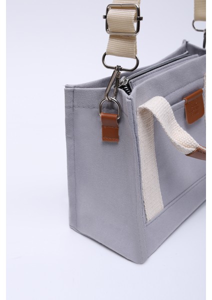 Gri SHK138 2 Bölmeli Kanvas Kumaş Ayarlanabilir Askılı Fermuarlı El, Kol ve Omuz Çantası U:17 G:24 E:10 cm