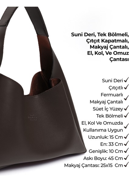 Kahve Rengi SHK19 Suni Deri, Çıtçıtlı, Tek Bölmeli, Fermuarlı Makyaj Çantalı, El, Kol ve Omuz Çantası
