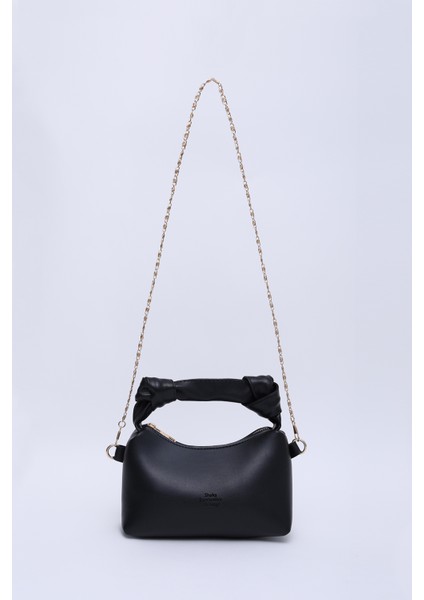 Siyah SHK24 Orjinal Soft Deri Düğüm Detaylı Zincir Askılı El ve Omuz Çantası U:14 E:22 G:8 cm