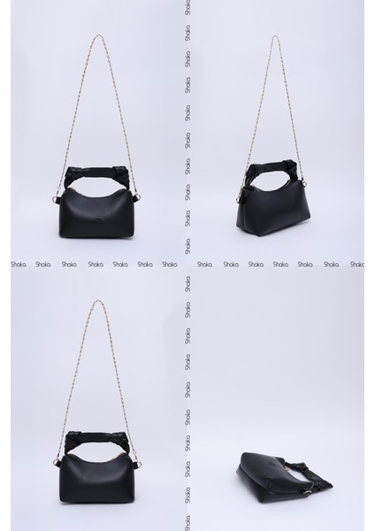 Siyah SHK24 Orjinal Soft Deri Düğüm Detaylı Zincir Askılı El ve Omuz Çantası U:14 E:22 G:8 cm