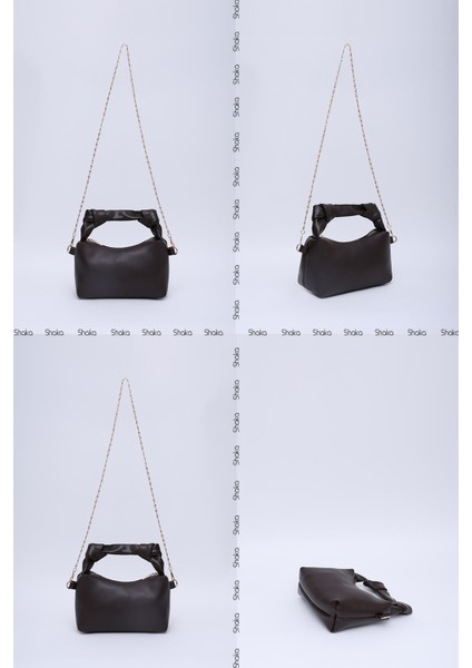 Kahverengi Shk24 Orjinal Soft Deri Düğüm Detaylı Zincir Askılı El Ve Omuz Çantası U:14 E:22 G:8 Cm