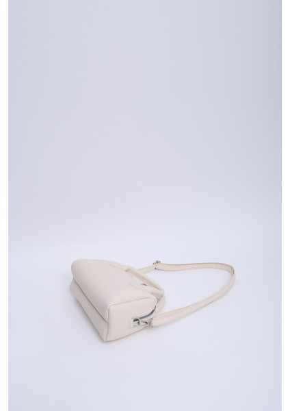 Krem Shk184 Deri Tek Bölmeli Fermuarlı Ayarlanabilir Askılı El, Kol Ve Omuz Çantası E:20 U:12 G:10 Cm