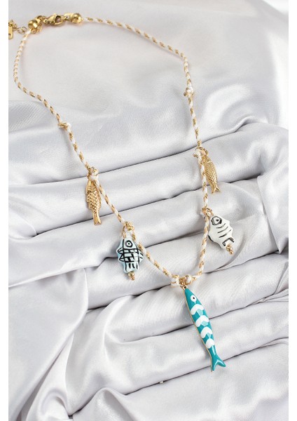 Seramik Motifli Balık Figürlü Model Krem Ip Kadın Kolye fiyatları