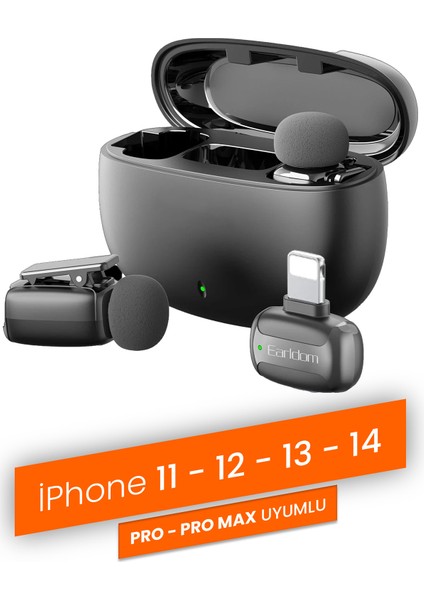 Profesyonel Kablosuz Yaka Mikrofonu iPhone 11/12/13/14 Uyumlu 2 Mikrofonlu Lightning