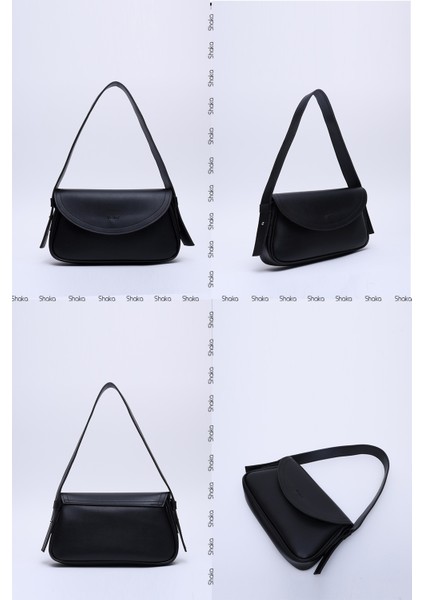 Siyah Shk150 Suni Deri Astarlı Çıtçıtlı Ayarlanabilir Askılı El, Kol ve Omuz Çantası