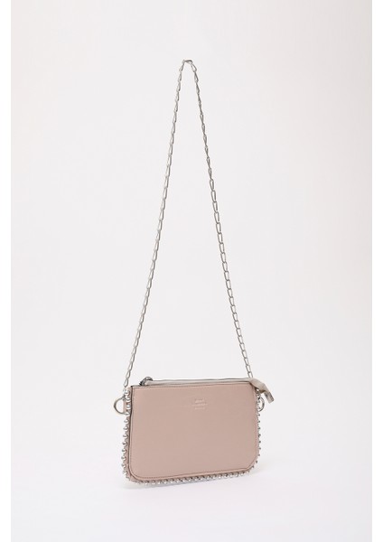 Kırışık Dokulu Vizon SHK125 Suni Deri Boncuk Detaylı Fermuarlı Tek Bölmeli Zincir Askılı Omuz Çantası fiyatları