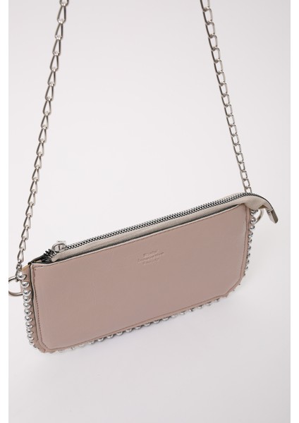 Kırışık Dokulu Vizon SHK125 Suni Deri Boncuk Detaylı Fermuarlı Tek Bölmeli Zincir Askılı Omuz Çantası