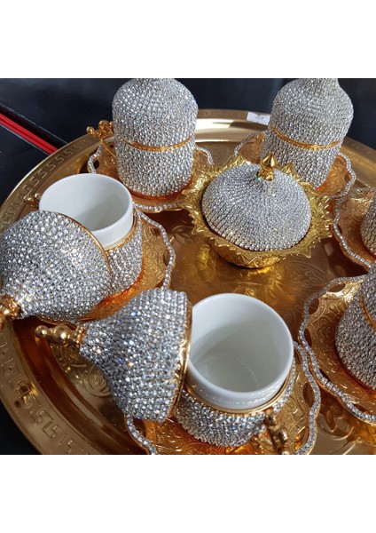 8'li Gold Beyaz Kristal Taşlı Lokumluk Kahve Fincanı Set fiyatları