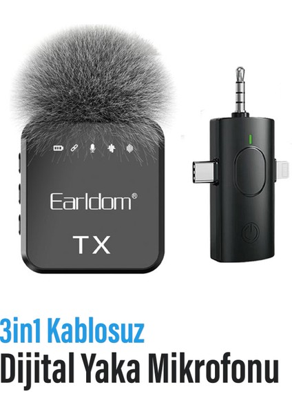 3in1 Profesyonel Kablosuz Dijital Yaka Mikrofonu Type-C Lightning Aux Wechat Zoom Tiktok Youtube Instagram Canlı Yayın