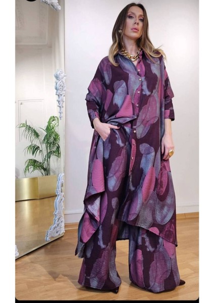 Geniş Paça Pantolon Uzun Gömlek Düğmeli Kimono Takım