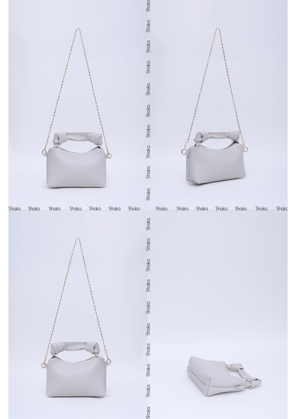 Gri SHK24 Orjinal Soft Deri Düğüm Detaylı Zincir Askılı El ve Omuz Çantası U:14 E:22 G:8 cm
