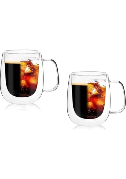 Borosilikat 2 Adet Çift Cidarlı Kupa Bardak, 250 ml Kulplu Cam Çay Kahve Süt Kupa