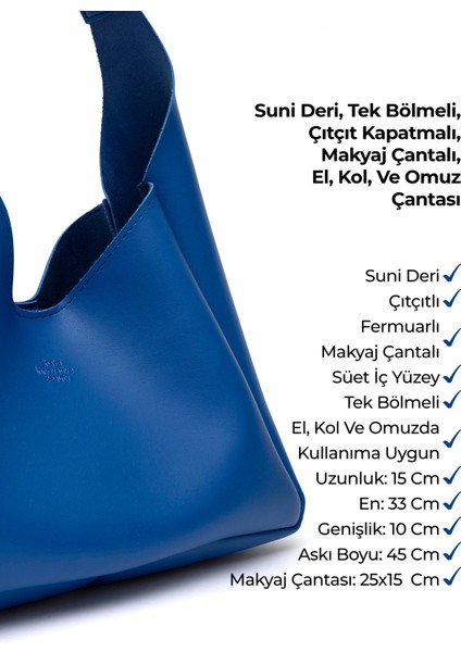 Saks Mavi SHK19 Suni Deri, Çıtçıtlı, Tek Bölmeli, Fermuarlı Makyaj Çantalı, El, Kol ve Omuz Çantası