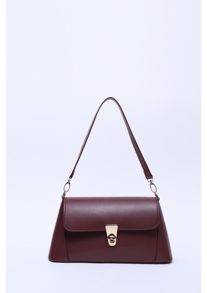 Bordo SHK153 Suni Deri Kilit Detaylı Standart Askılı Tek Bölmeli El, Kol ve Omuz Çantası U:15 E:29 G:9 cm