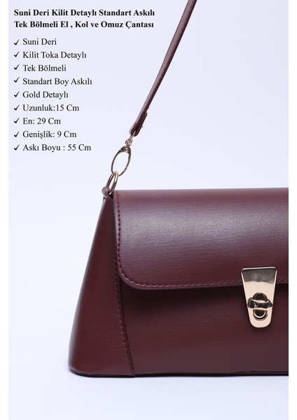 Bordo SHK153 Suni Deri Kilit Detaylı Standart Askılı Tek Bölmeli El, Kol ve Omuz Çantası U:15 E:29 G:9 cm modelleri