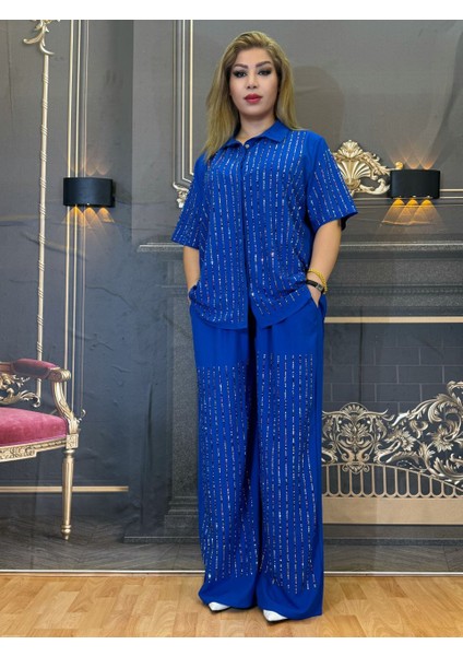 Taşlı Takım,gömlek Pantolon,krep,tam Taş Baskılı,gömlek Yaka,düğmeli,cepli,yazlık,mavi,likralı Bel