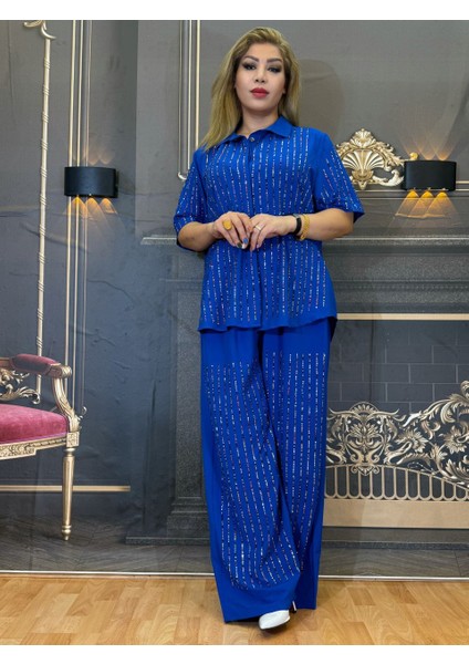 Taşlı Takım,gömlek Pantolon,krep,tam Taş Baskılı,gömlek Yaka,düğmeli,cepli,yazlık,mavi,likralı Bel fiyatları