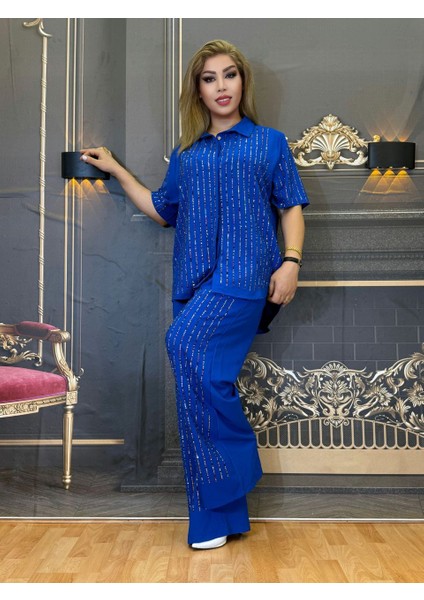 Taşlı Takım,gömlek Pantolon,krep,tam Taş Baskılı,gömlek Yaka,düğmeli,cepli,yazlık,mavi,likralı Bel modelleri
