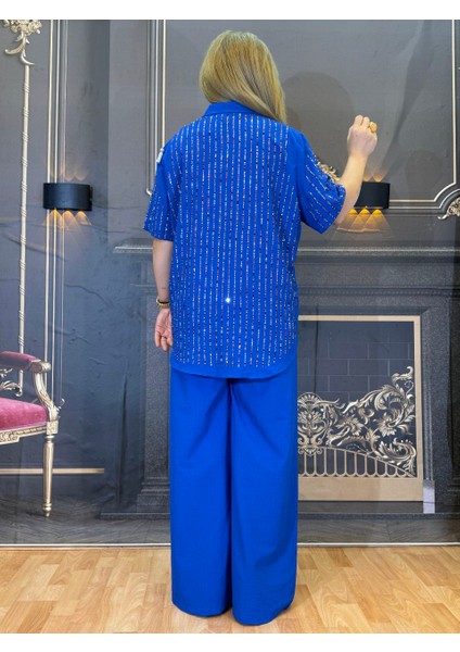 Taşlı Takım,gömlek Pantolon,krep,tam Taş Baskılı,gömlek Yaka,düğmeli,cepli,yazlık,mavi,likralı Bel fırsatları