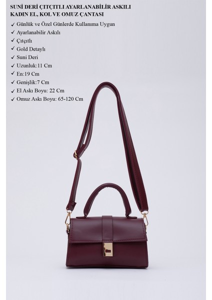 Bordo SHK109 Suni Deri Çıtçıtlı Ayarlanabilir Askılı Kadın El, Kol ve Omuz Çantası U:11 E:19 G:7 cm modelleri