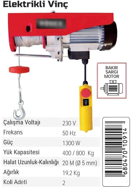 Elektrikli Vinç 20 Metre Çelik Halat 800 kg Kaldırma Çekme Kapasitesi Ev Iş Mal Oto Sanayi