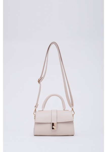 Krem SHK109 Suni Deri Çıtçıtlı Ayarlanabilir Askılı Kadın El, Kol ve Omuz Çantası U:11 E:19 G:7 cm