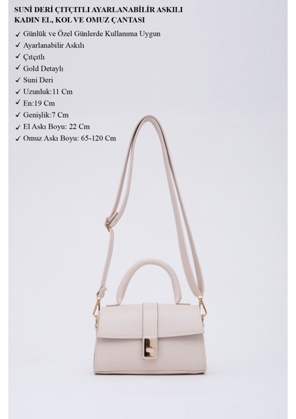 Krem SHK109 Suni Deri Çıtçıtlı Ayarlanabilir Askılı Kadın El, Kol ve Omuz Çantası U:11 E:19 G:7 cm modelleri