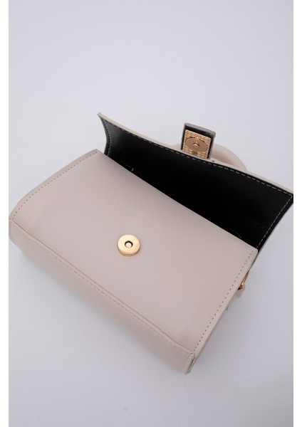 Krem SHK109 Suni Deri Çıtçıtlı Ayarlanabilir Askılı Kadın El, Kol ve Omuz Çantası U:11 E:19 G:7 cm