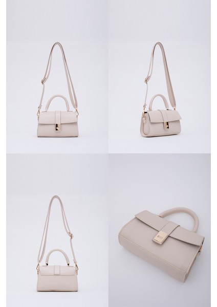 Krem SHK109 Suni Deri Çıtçıtlı Ayarlanabilir Askılı Kadın El, Kol ve Omuz Çantası U:11 E:19 G:7 cm