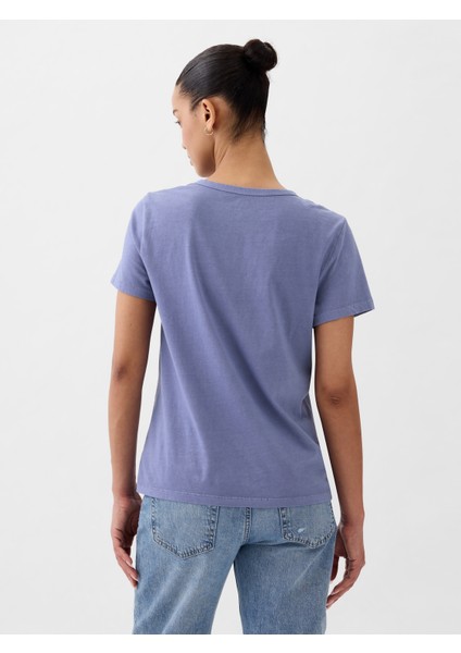 Kadın Mavi %100 Pamuk Vintage Bisiklet Yaka T-Shirt indirimleri