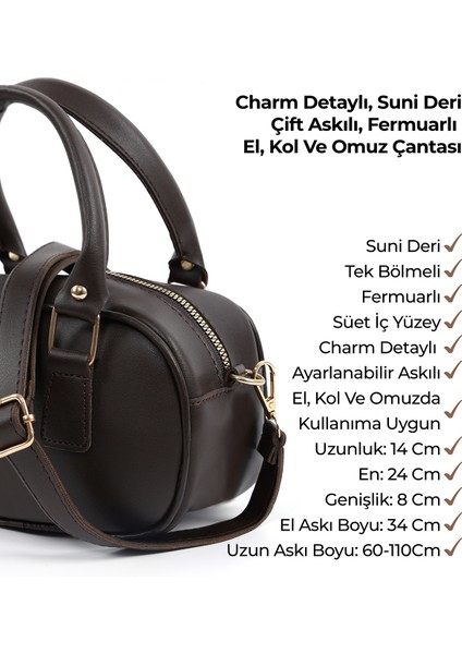 Kahve Rengi SHK207 Suni Deri Charm Detaylı Fermuarlı Ayarlanabilir Askılı El, Kol ve Omuz Çantası U:14 E:24 G:8 cm