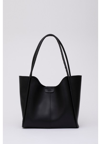 Siyah Shk76 Çıtçıtlı Fitil Askılı Deri Makyaj Çantalı Büyük Boy Kadın El Ve Omuz Çantası U:29 E:30 G:9 Cm