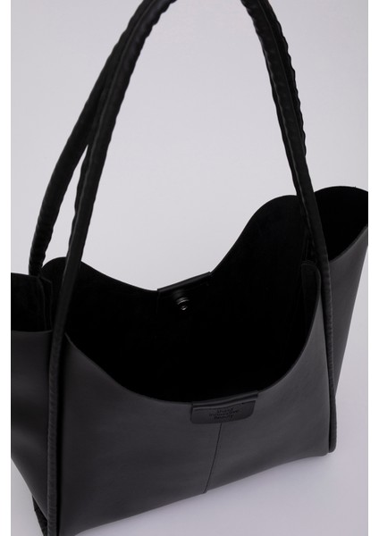 Siyah Shk76 Çıtçıtlı Fitil Askılı Deri Makyaj Çantalı Büyük Boy Kadın El Ve Omuz Çantası U:29 E:30 G:9 Cm