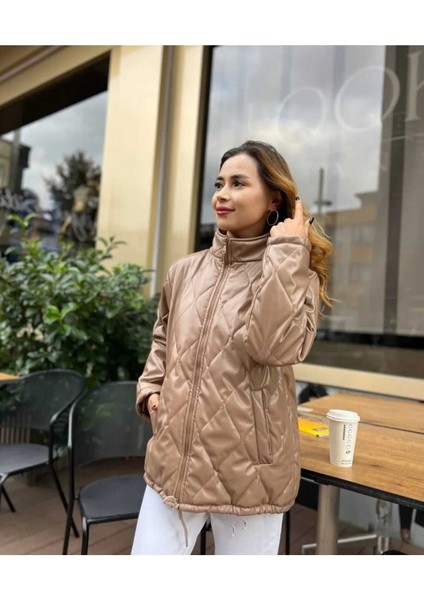 Kadın Siyah Suni Deri Şişme Mont