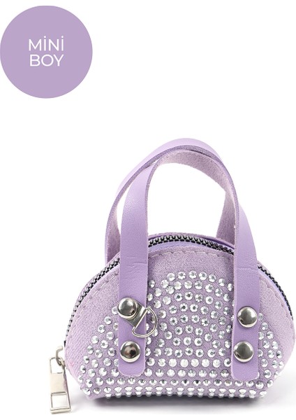 Lila SHK220 Süet Kumaş, Tek Bölmeli, Zincir Askılı,fermuarlı, Taşlı, Mini El ve Omuz Çantası