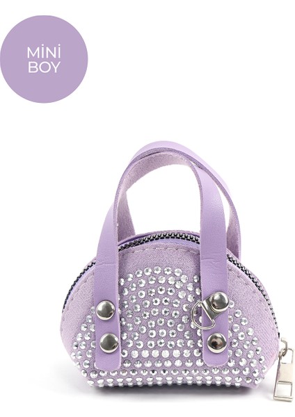 Lila SHK220 Süet Kumaş, Tek Bölmeli, Zincir Askılı,fermuarlı, Taşlı, Mini El ve Omuz Çantası modelleri
