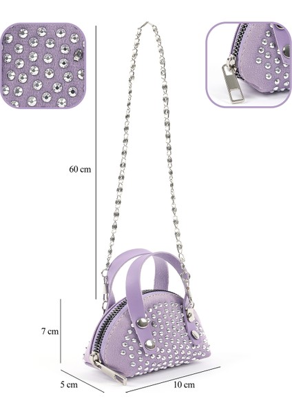 Lila SHK220 Süet Kumaş, Tek Bölmeli, Zincir Askılı,fermuarlı, Taşlı, Mini El ve Omuz Çantası fırsatları