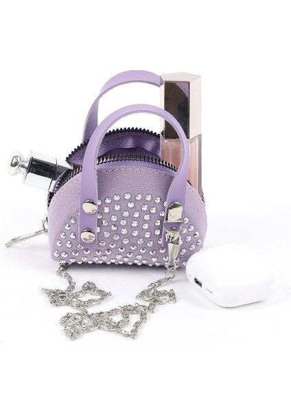 Lila SHK220 Süet Kumaş, Tek Bölmeli, Zincir Askılı,fermuarlı, Taşlı, Mini El ve Omuz Çantası