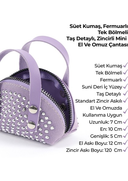 Lila SHK220 Süet Kumaş, Tek Bölmeli, Zincir Askılı,fermuarlı, Taşlı, Mini El ve Omuz Çantası