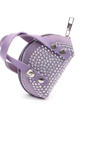 Lila SHK220 Süet Kumaş, Tek Bölmeli, Zincir Askılı,fermuarlı, Taşlı, Mini El ve Omuz Çantası
