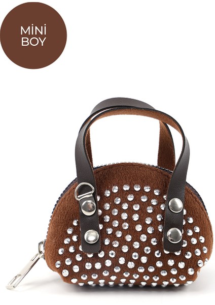 Kahve Rengi SHK220 Süet Kumaş, Tek Bölmeli, Zincir Askılı,fermuarlı, Taşlı, Mini El ve Omuz Çantası