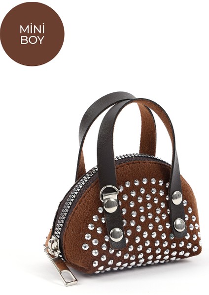 Kahve Rengi SHK220 Süet Kumaş, Tek Bölmeli, Zincir Askılı,fermuarlı, Taşlı, Mini El ve Omuz Çantası fiyatları