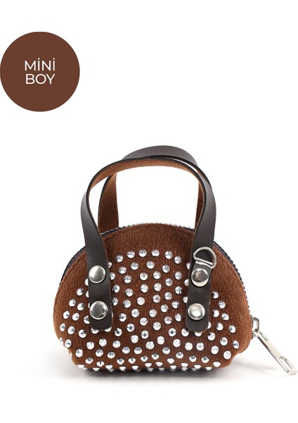 Kahve Rengi SHK220 Süet Kumaş, Tek Bölmeli, Zincir Askılı,fermuarlı, Taşlı, Mini El ve Omuz Çantası modelleri